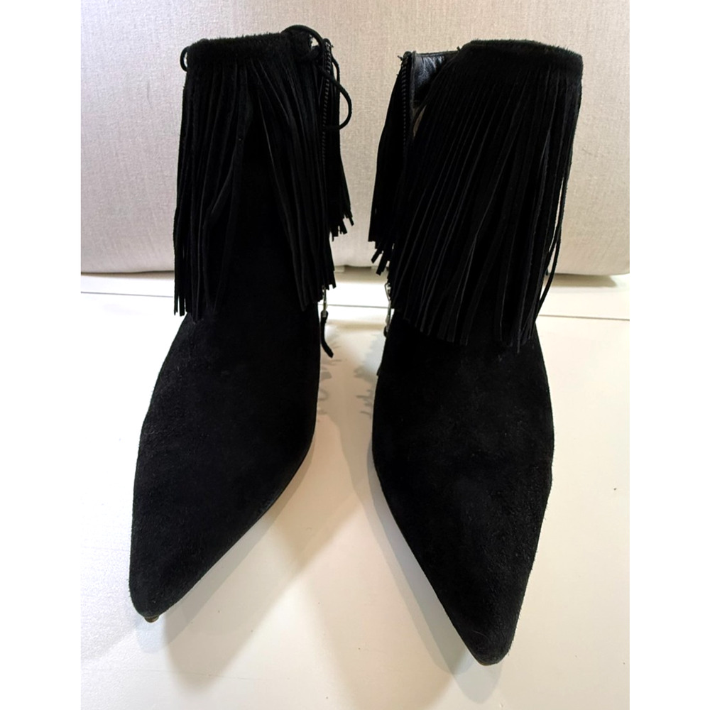 Sam Edelman Blk Suede Fringe Ankle Booties Pointed Toe Side Zip Heeled Boots 9 - Picture 4 of 6